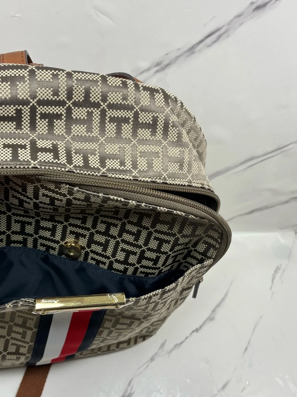 Tommy Hilfiger Beige Monogram Backpack with Red-White-Blue Stripe